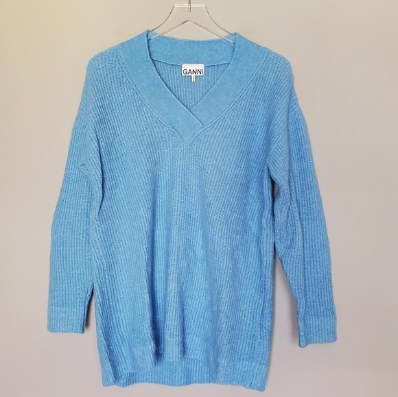 GANNI V-Neck Long Sleeve Alpaca Wool Blend Blue Pull-Over Oversized Sweater - Picture 3 of 8